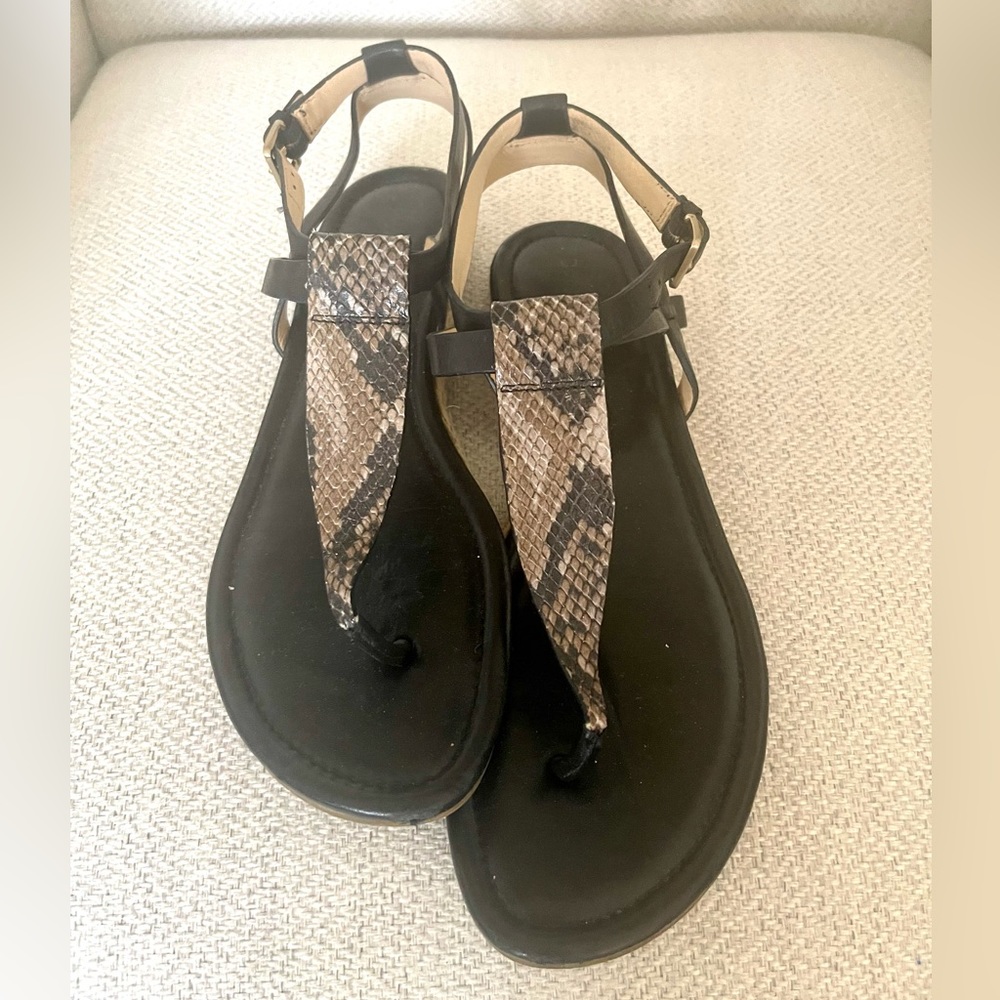 Cole Haan black ankle strap sandals with snakeskin strap